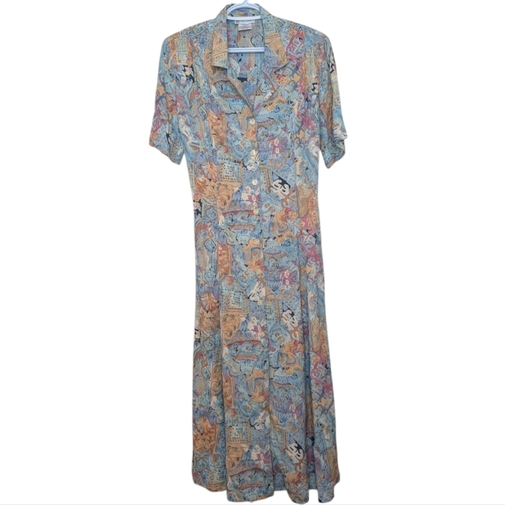 Vintage 90s Fairset Button Down Printed Short Sleeve Dress Womens 10